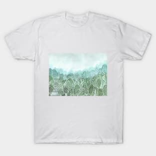 Misty forest landscape in green monochrome T-Shirt